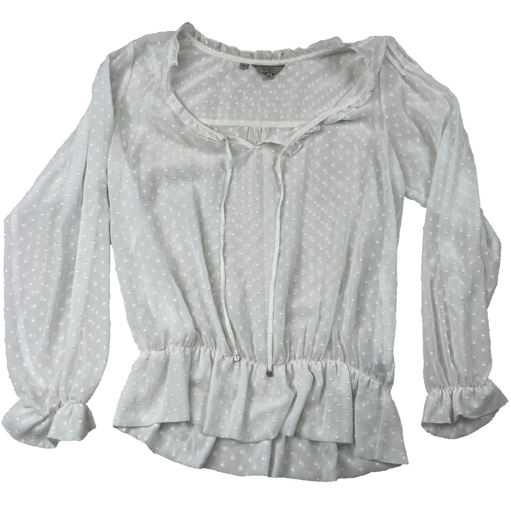 Guess Blouse Top Womens Medium White Polka Dot Sheer Ruffle Tie Neck Romantic